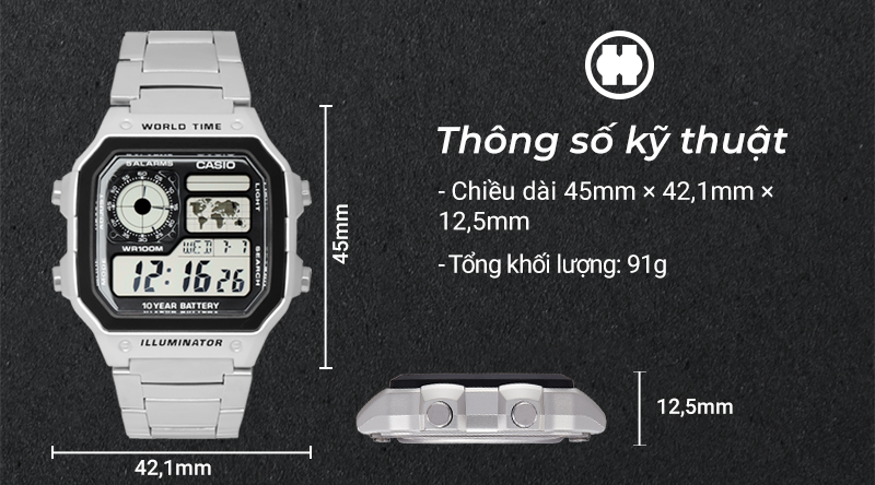 Đồng Hồ Casio AE-1200WHD-1AVDF Nam Quartz 16