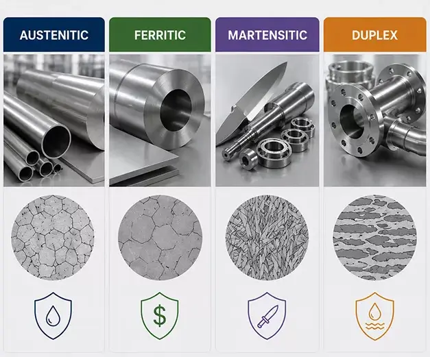 Các loại Stainless Steel phổ biến gồm Austenitic, Ferritic, Martensitic và Duplex