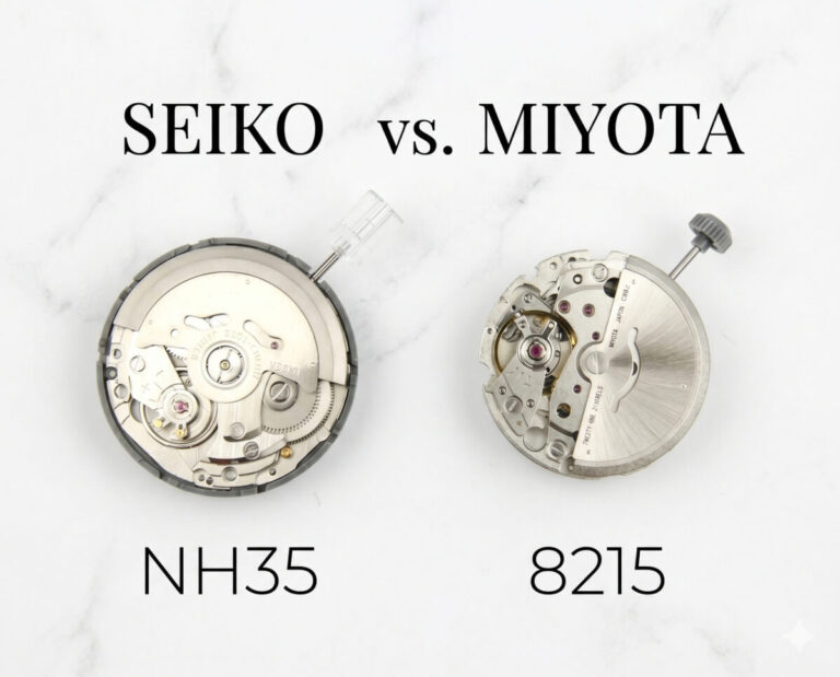 So sánh thực tế hình dáng bộ máy Miyota 8215 và Seiko NH35 trong cùng phân khúc.