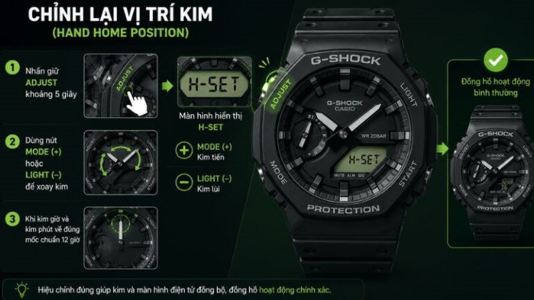 Các bước sử dụng tính năng H-Set đồng bộ kim đồng hồ Casio