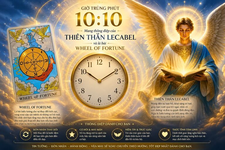 Giờ trùng phút 10:10 mang thông điệp của thiên thần Lecabel và lá bài Wheel of Fortune trong Tarot.