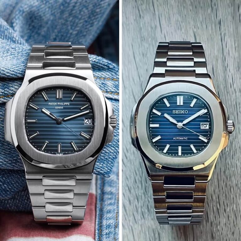 Mặt số rãnh ngang trên đồng hồ Seiko Mod Nautilus xanh navy