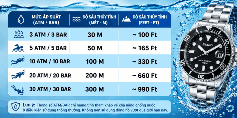 Bảng quy đổi các đơn vị chống nước phổ biến như ATM, BAR, Mét và Feet.