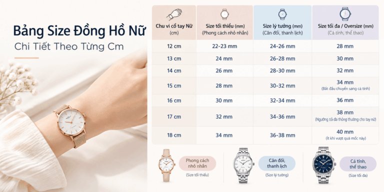Bảng đối chiếu chọn size đồng hồ nữ theo chu vi cổ tay