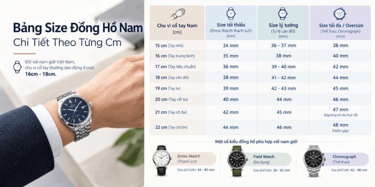 Bảng quy đổi chọn size đồng hồ nam mang lại tỷ lệ cân đối