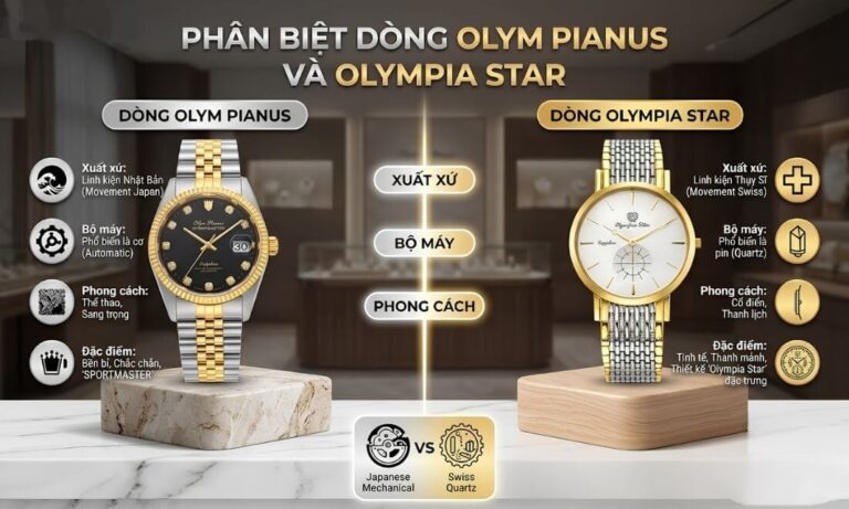 Bảng so sánh chi tiết đồng hồ Olympia Star và Olym Pianus